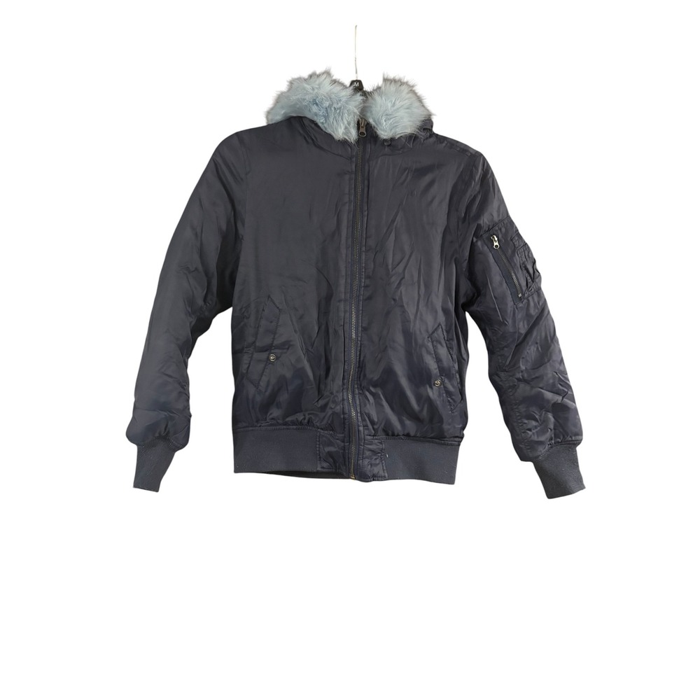 Vintage Havana Womens Navy‎ Blue Rose Embroidered Faux Fur Hood Bomber Jacket XL